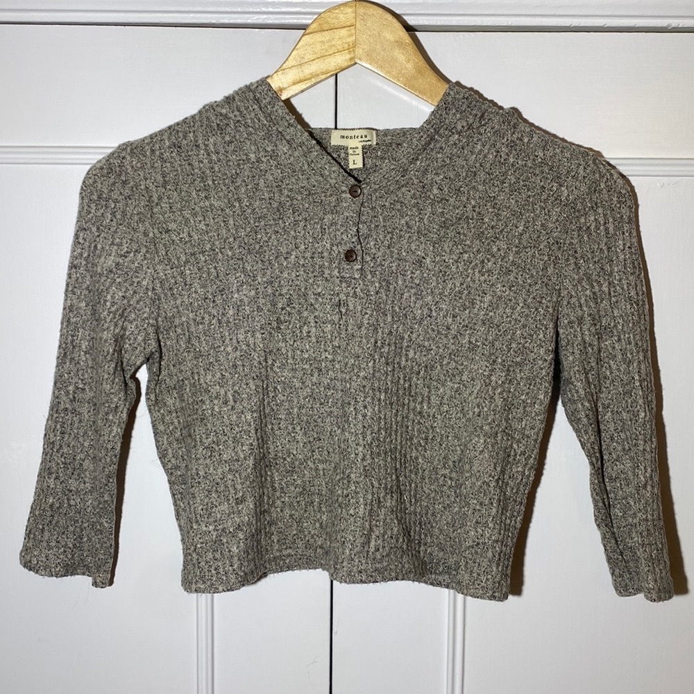 Monteau L.A. Gray Cropped 1/4 Button 3/4 Sleeve Hooded Sweater Girls Size L